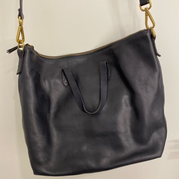 EUC Madewell Navy Blue Leather Medium Zip Top Crossbody Transport Tote Bag - Picture 2 of 5